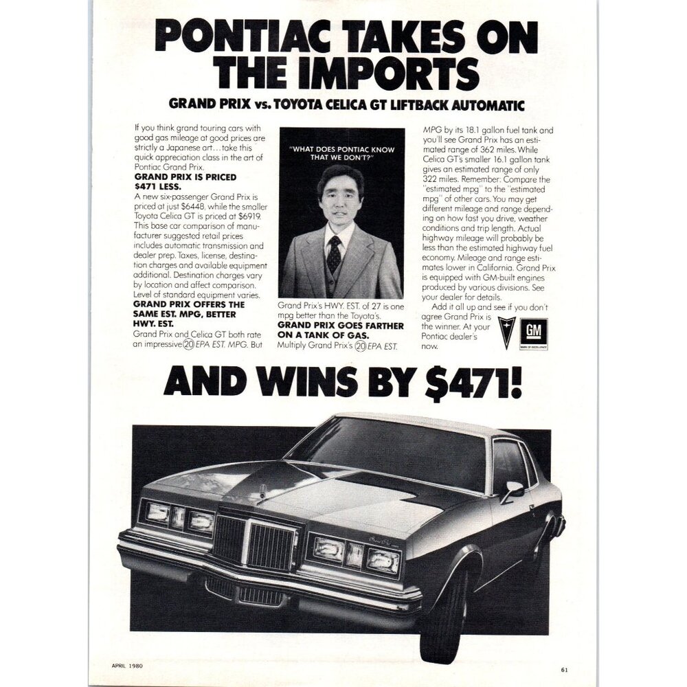 1980 Pontiac Grand Prix 2 Door Vintage Print Ad Takes on Imports 80s Wall Art